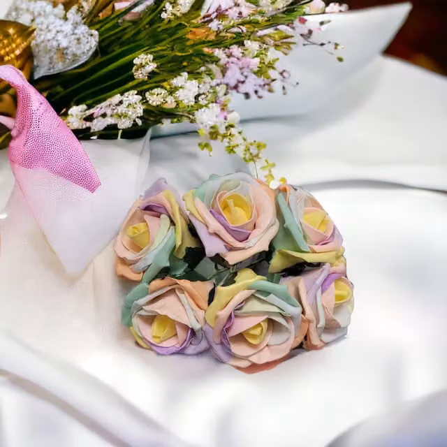 Kingsbury Gifts Bunch of 6 Small Foam Tea Roses in Pastel Rainbow Multicolour