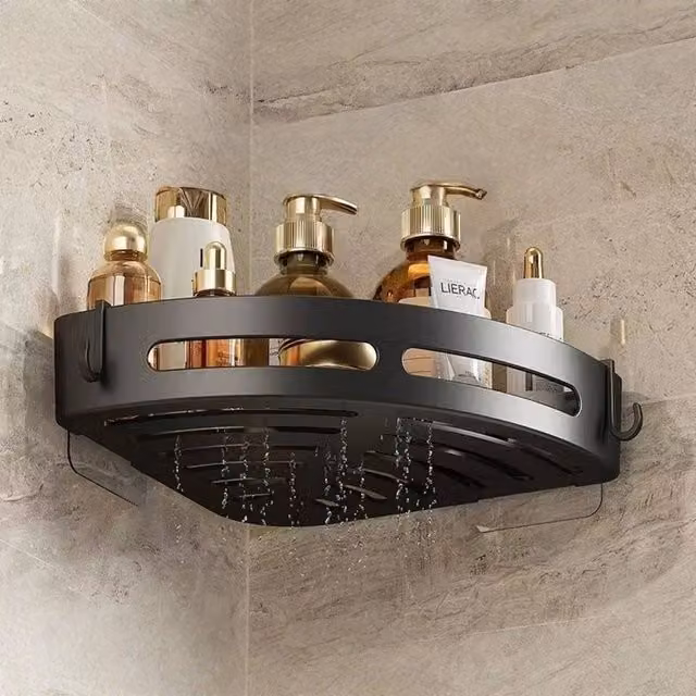 Ventryn Black Aluminium Corner Shower Shelf with Suction Cup Wall Mount and Drainage Hooks
