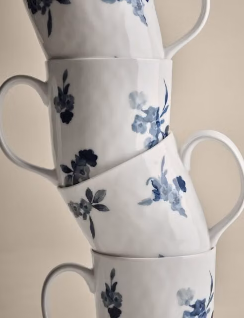 M&S Set of 4 Blue and White Floral Ceramic Mugs