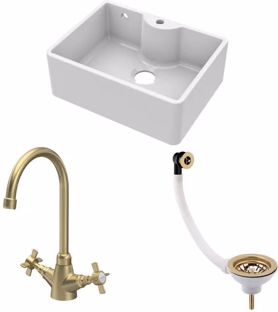 Balterley White Ceramic Single Bowl Butler Kitchen Sink with Two Handle Mono Mixer Tap and Pop Up Waste in Brushed Brass