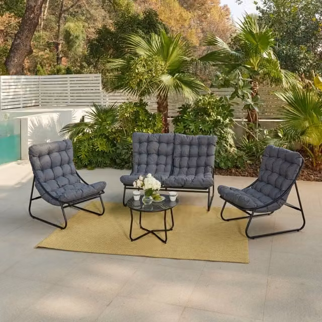 Fredo 4PC Garden Conversation Set with Grey Cushions including Sofa, 2 Chairs and Coffee Table in Black and Grey