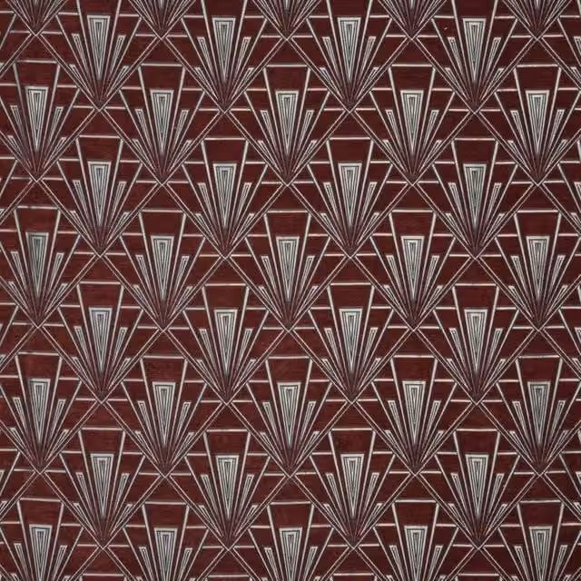 Terrys Gatsby Fabric Tamara Art Deco Graphic Chenille Velvet Upholstery in Red, Silver and Brown