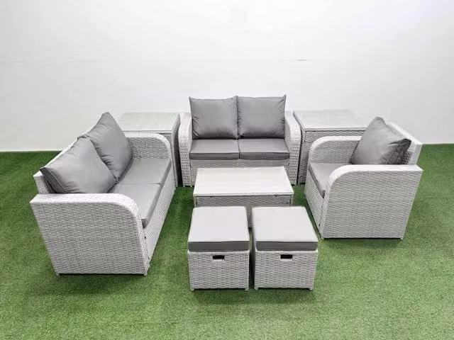 Fimous Grey Poly Rattan Garden Furniture Set with 2-Seater Sofa, Coffee Table and Ottoman
