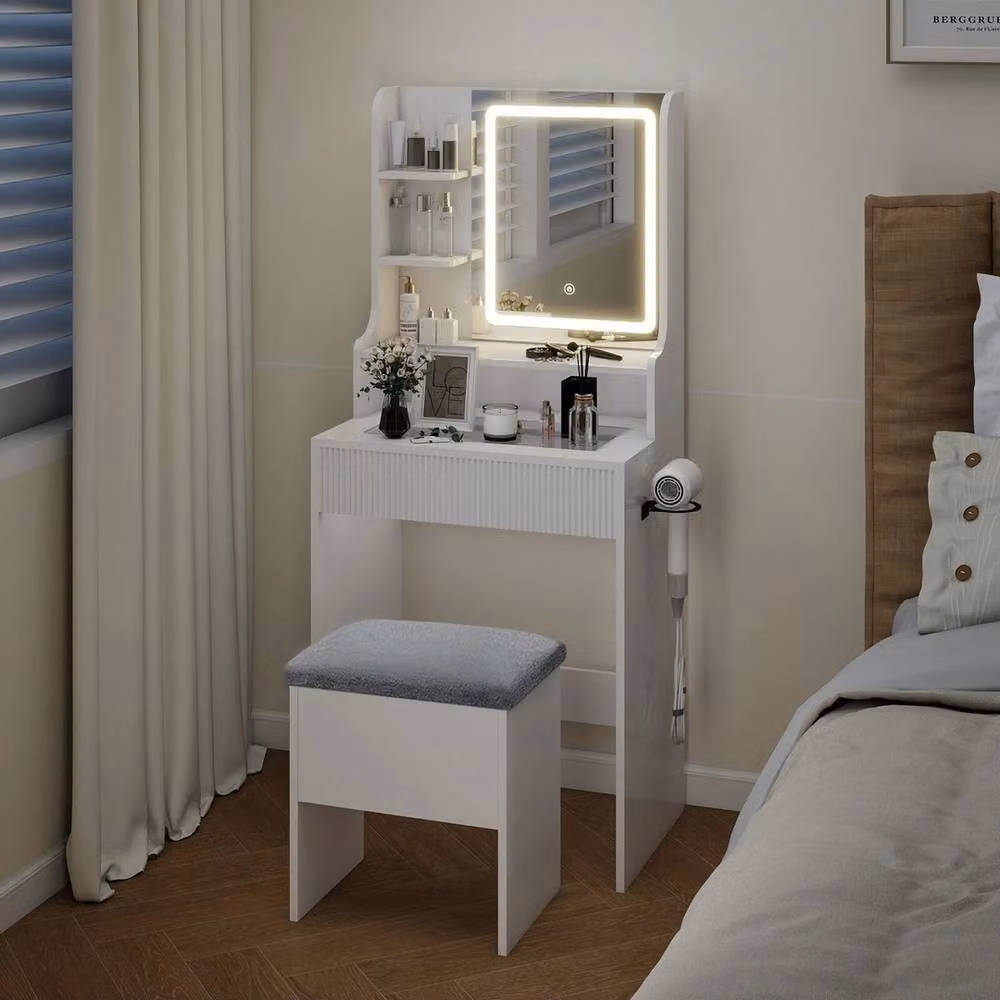 EONLION White Modern Vanity Dressing Table with Hollywood LED Light Mirror and Glass Storage – 2