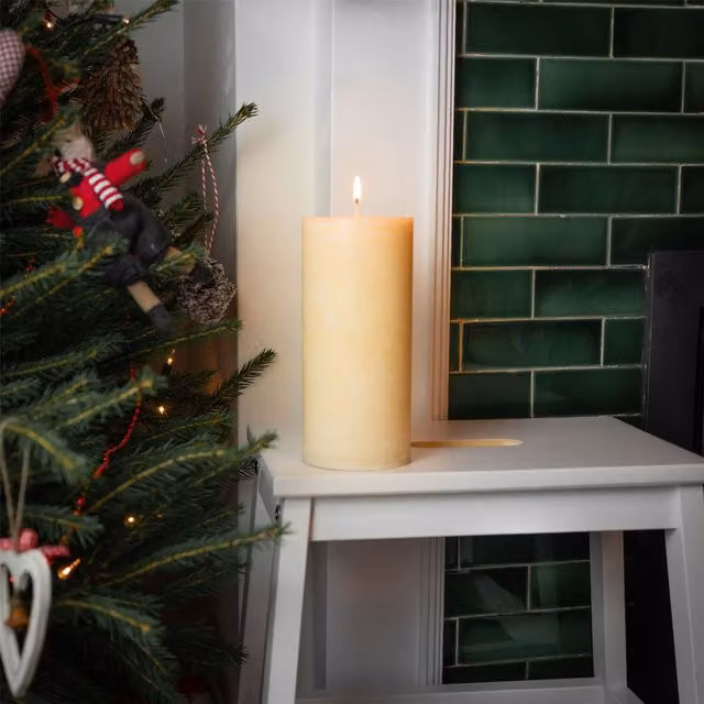 Nicola Spring Round Vanilla Pillar Candle in Beige and White with 140hr Burn Time