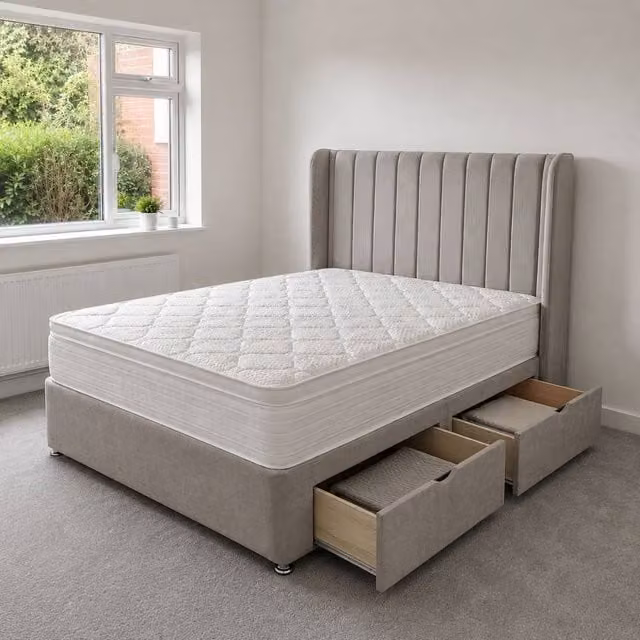 Stratus Interiors Oulton Wingback Divan Bed with Panel Headboard and 2 Drawers in Grey, W/D/H: 120 x 200 cm – 1