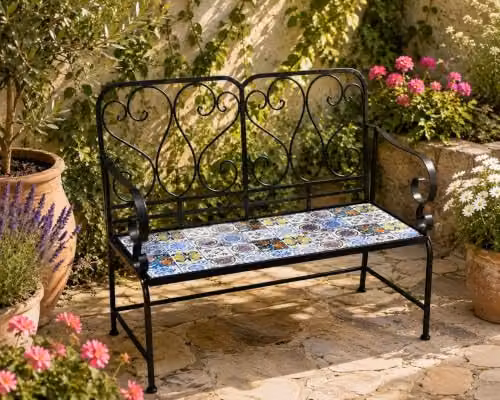 SHATCHI Lisbon 2 Seater Mosaic Garden Bench with Metal Frame and Glossy Geometric Ceramic Tile Seat, W: 112 cm, H: 96 cm, D: 47 cm – 9