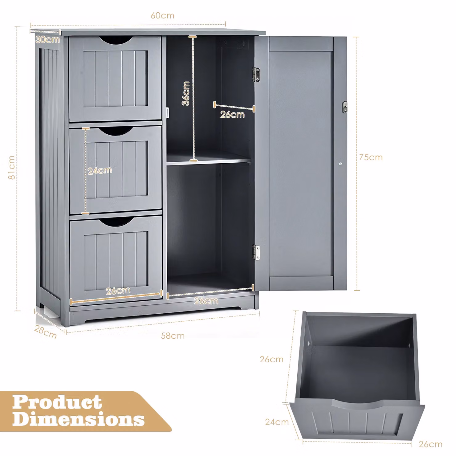 Costway Modern Bathroom Floor Cabinet Storage Cupboard with 3 Drawers in Grey – 4