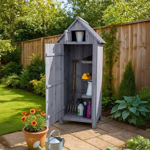 Jack Stonehouse Tall Slim Wooden Outdoor Garden Storage Shed with Shelving in Grey