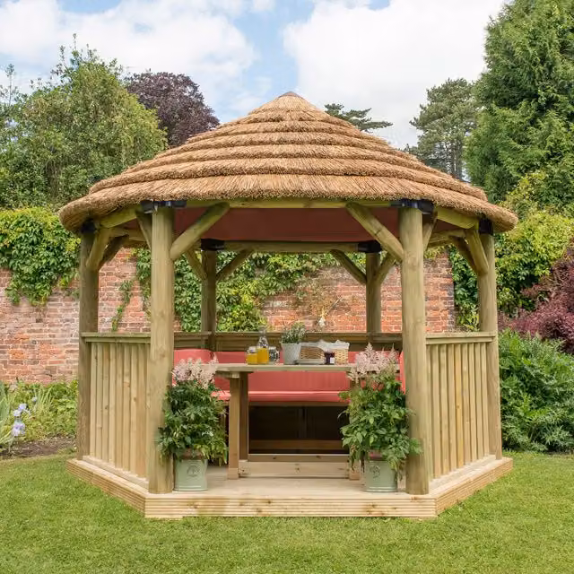 Forest Hexagonal Thatched Garden Gazebo with Pine and Steel Frame, Red and Green, Diameter: 360 cm