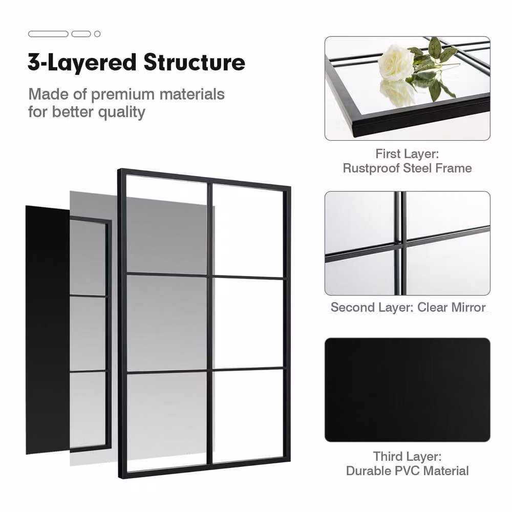 Gymax Modern Rectangular Windowpane Wall Mirror with Black Metal Frame – 3