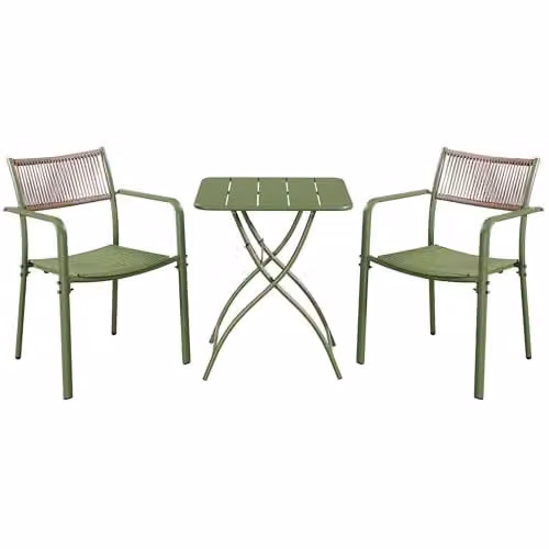 Core Products 3-Piece Bistro Garden Set with Two Rope-Back Armchairs and Folding Metal Table in White and Green