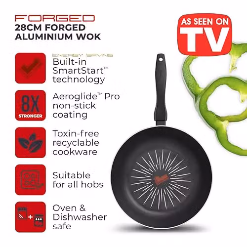 Tower SmartStart Non-Stick Aluminium Wok, Black, 28cm – 2