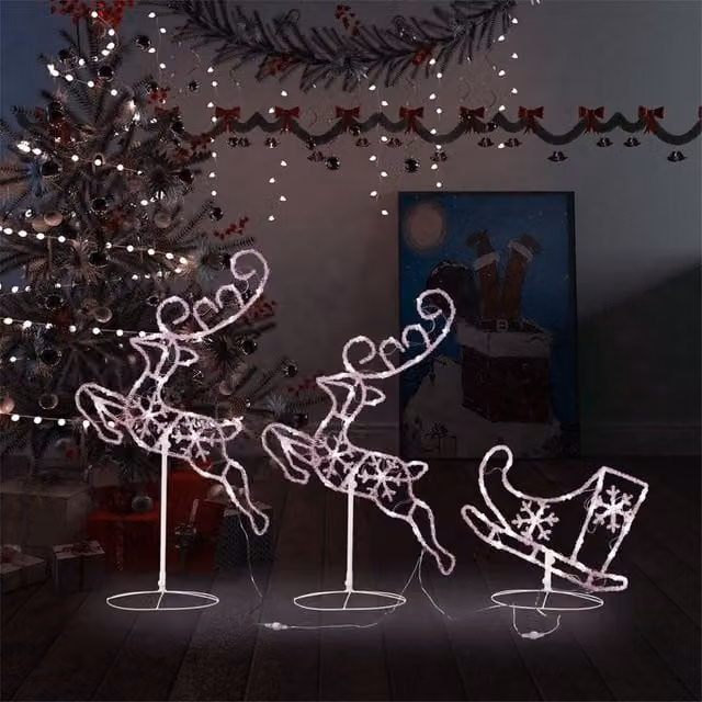 Berkfield Home Acrylic Christmas Flying Reindeer and Sleigh with Warm White LED Lights, W/D/H: 260 x 21 x 87 cm