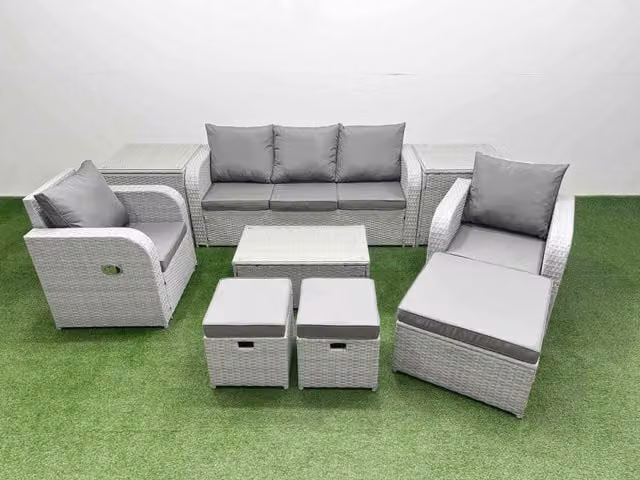 Fimous PE Rattan Garden Furniture Set in Light Grey with Reclining Chairs, Lounge Sofa, Oblong Coffee Table, 2 Side Tables and 3 Stools
