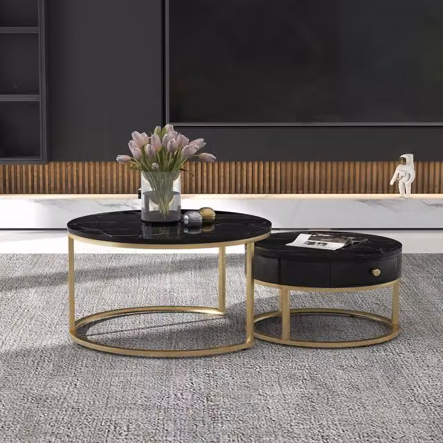 Aosom.UK Round Nesting Coffee Tables with Storage Drawer, Black Marble Top and Gold Metal Frame