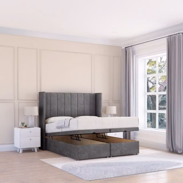 Sloomy Texas Plush Fabric Ottoman Bed in Dark Grey with Sprung Memory Mattress and 26 Inch Headboard, Size: Double (140 x 200 cm)