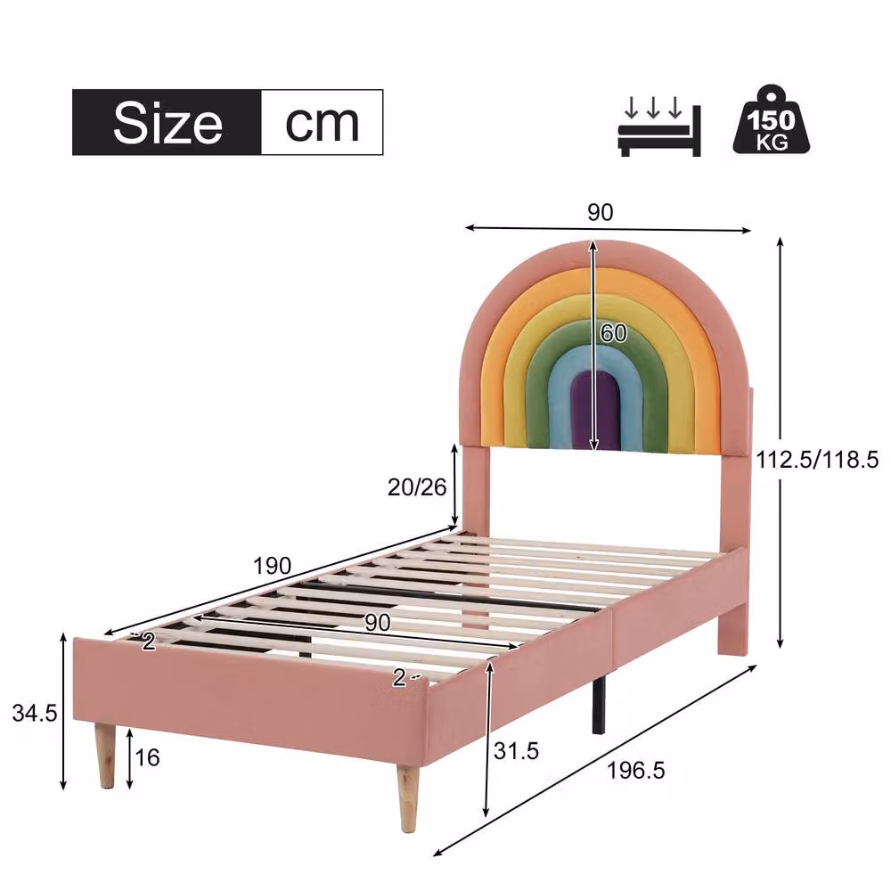 Direct Wicker Pink Velvet Upholstered Single Bed with Slatted Frame and Headboard, W/D/H: 90 x 200 cm – 2