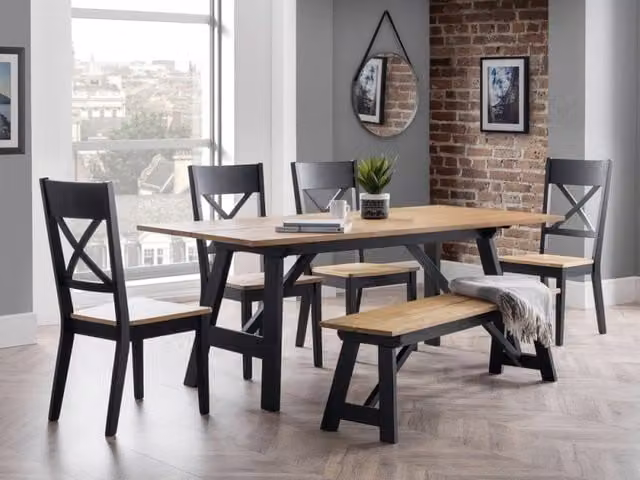Julian Bowen Hockley Black and Light Oak Dining Set with Rectangular Table, 4 Chairs and Bench