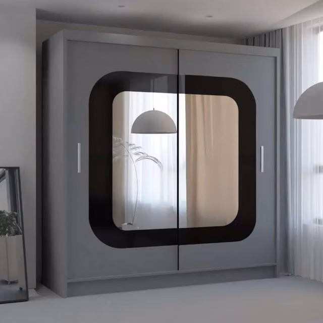 MN Furniture Modern Grey Glossy Wardrobe with Sliding Mirror Doors and Integrated LED Lighting W/D/H: 150 x 0 x 217 cm