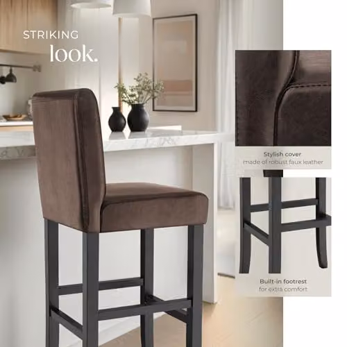 tectake Set of 4 Modern Bar Stools with Synthetic Leather and Glossy Wood Legs in Brown and Black – 7