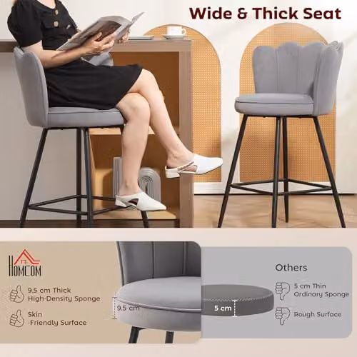 HOMCOM Set of 2 Modern Velvet Bar Stools with Metal Legs in Grey – 3