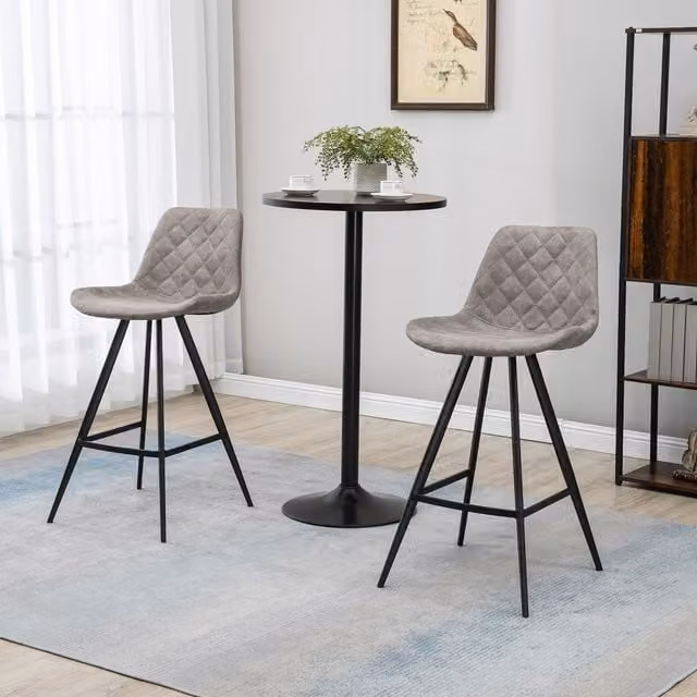 HOMCOM Set of 2 Vintage Bar Stools in Grey and Black with Microfibre and Metal Legs
