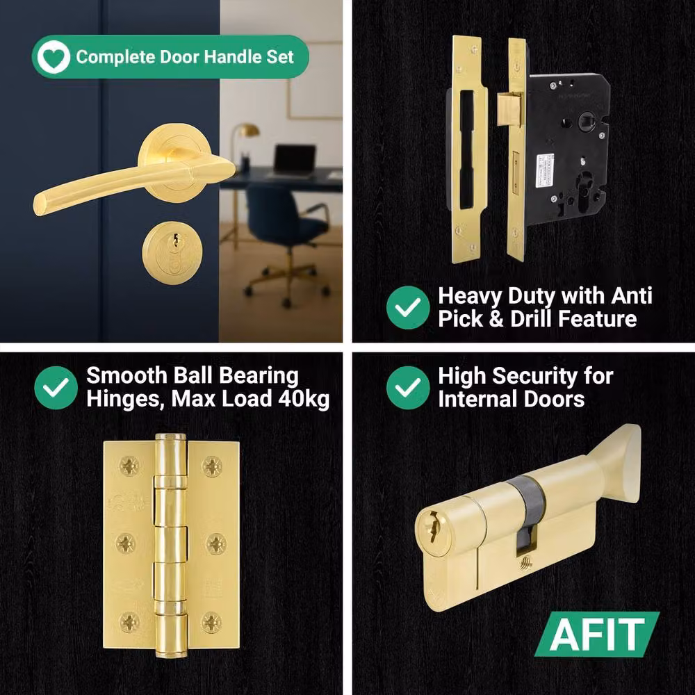 AFIT Handle Euro Lock and Turn Cylinder Set in Gold with 1 Pair of Handles, Locks and Hinges – 5