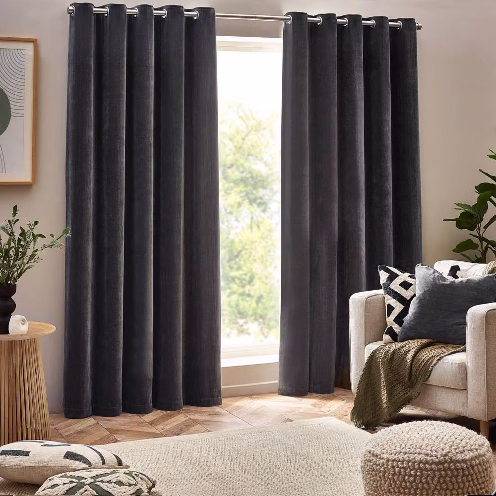 Yard Heavy Chenille Blackout Eyelet Curtain Pair in Charcoal, W: 229 cm, H: 137 cm – 2