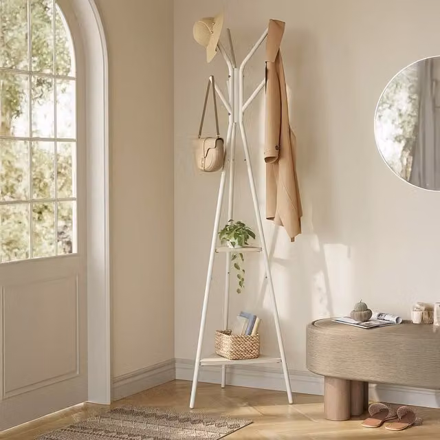 VASAGLE Industrial Free Standing Hall Tree Rack with Shelves and Hooks, Brown