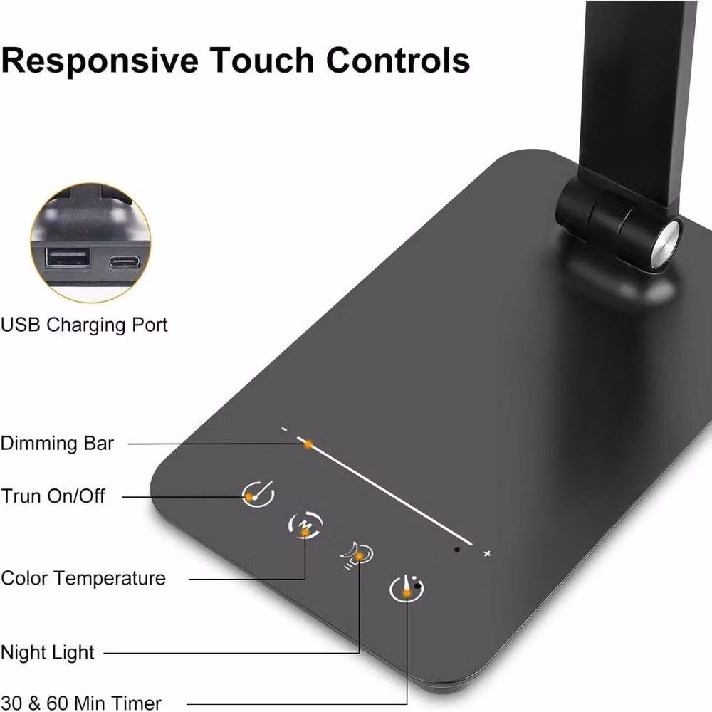 KORVIXA Dimmable LED Touch Table Lamp with USB Charging in Black – 3