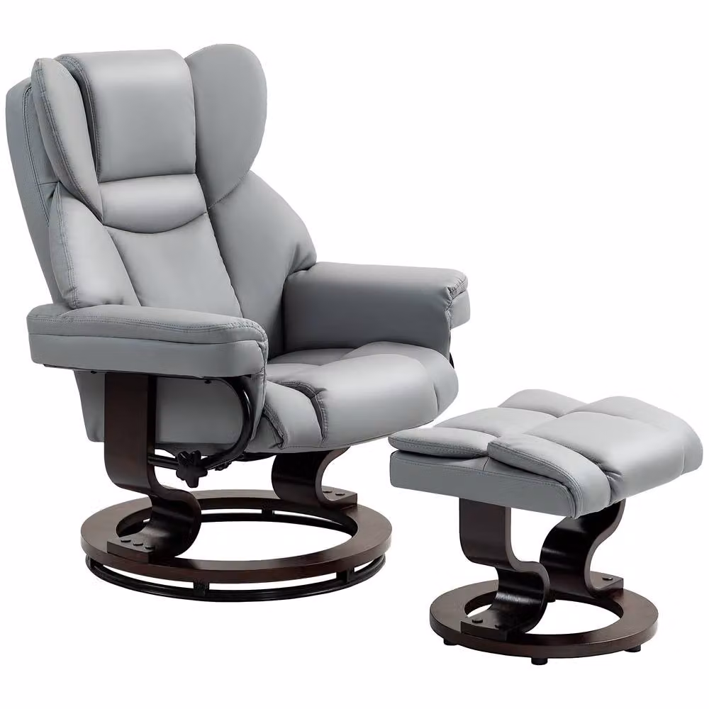 STILVORA Grey Synthetic Leather Recliner Chair with Ottoman and 360 Degree Swivel – 4