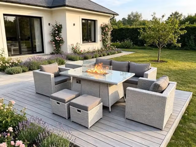 Fimous Rattan Garden Furniture Set with Gas Fire Pit, 3-Seater Sofa, Armchairs, Ottoman and Side Table in Light Grey
