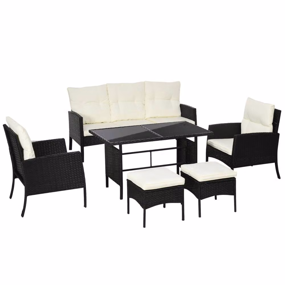Wyld Haus Coma 6 Piece Black and Beige Rattan Garden Sofa Dining Set with Glass Table – 2