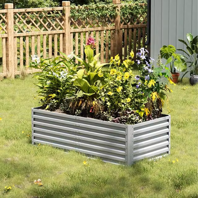 Livingandhome Silver Metal Raised Garden Bed for Vegetable, Herb and Ornamental Gardens