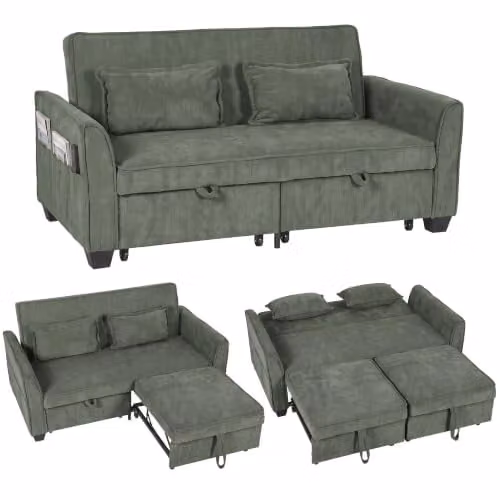 HOMCOM 2 Seater L Shaped 4-in-1 Pull Out Sofa Bed in Dark Green with Solid Wood Frame and Reversible Fabric Upholstery – 1