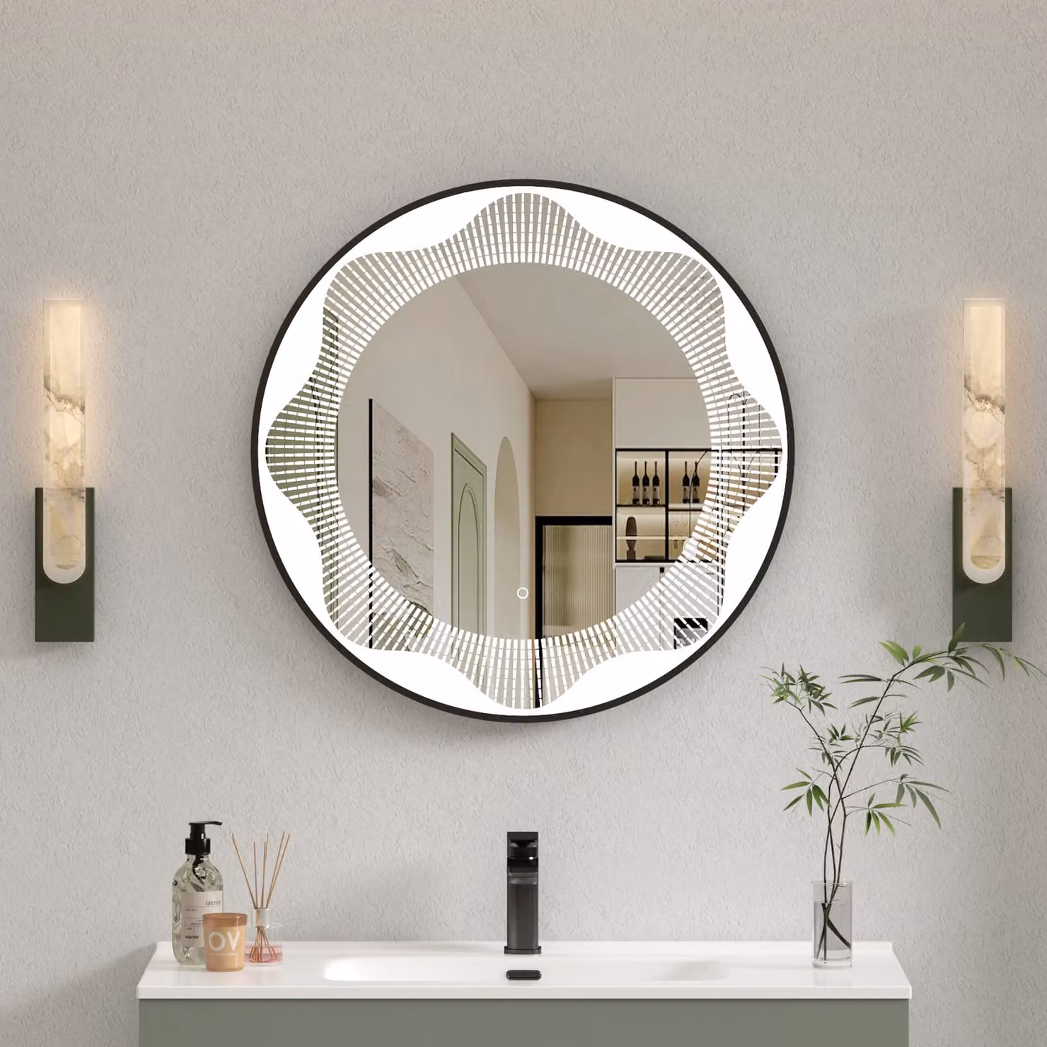 Royal Bathrooms Venice Round LED Illuminated Bathroom Mirror in Matt Black, W 80 cm x H 80 cm, with Touch Sensor and Anti-Fog Feature