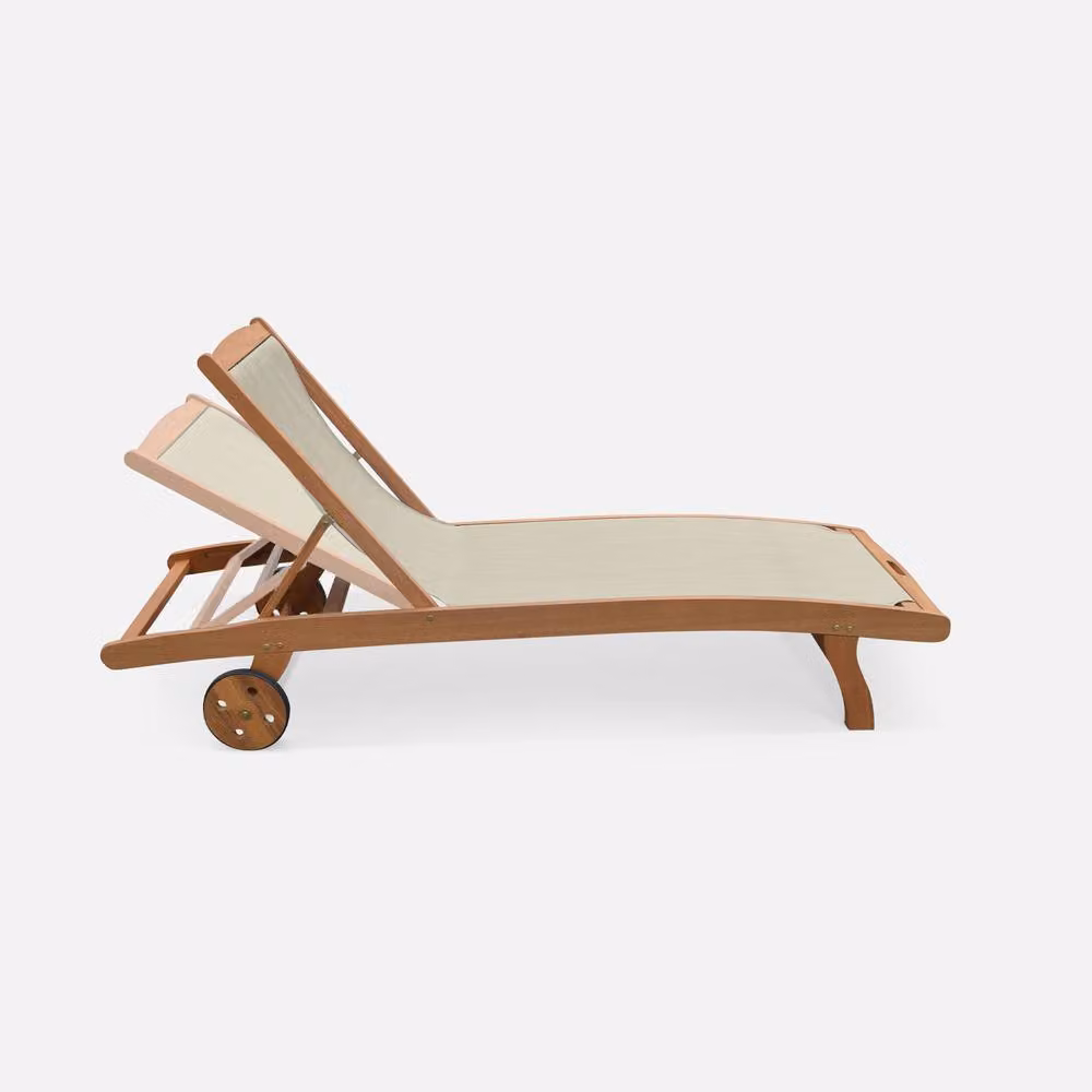 sweeek Pair of Modern Wooden and Textilene Sun Loungers in Beige – 2