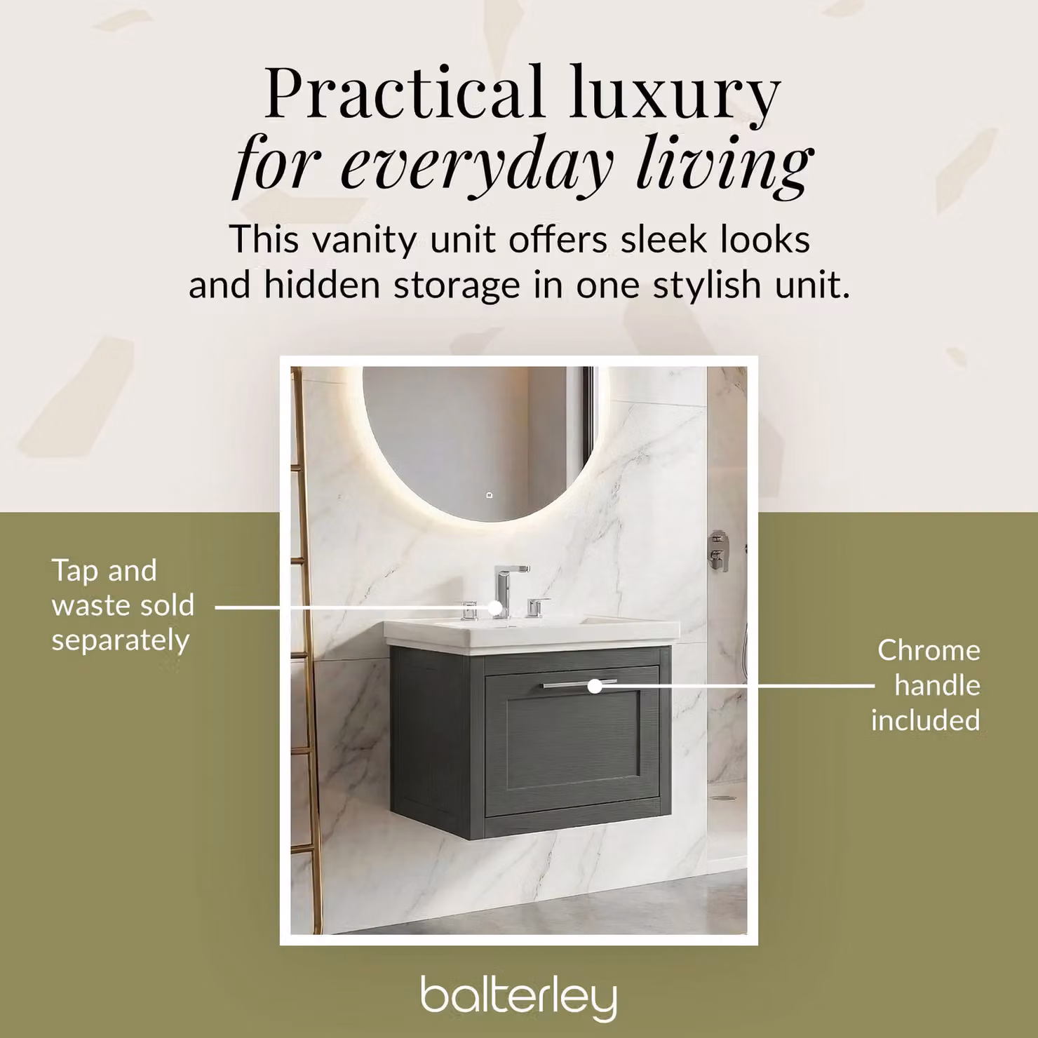 Balterley Wall Hung 1 Drawer Vanity Unit and 3TH Fireclay Basin, Dark Grey, Width: 60 cm – 3
