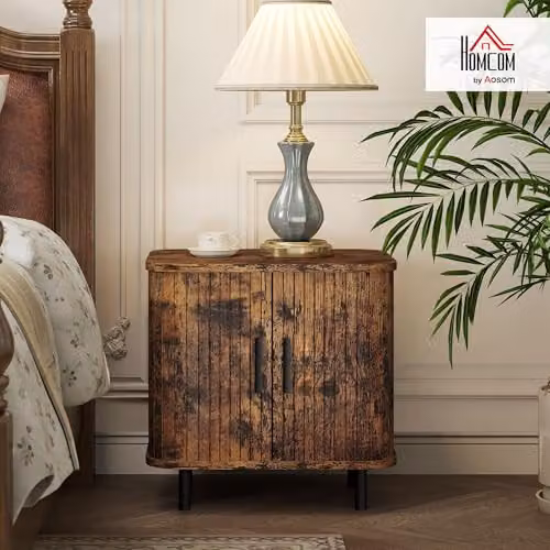 HOMCOM Scandinavian Bedside Table with Sliding Doors and Metal Legs in Brown, W: 40 cm, D: 30 cm, H: 48 cm – 2