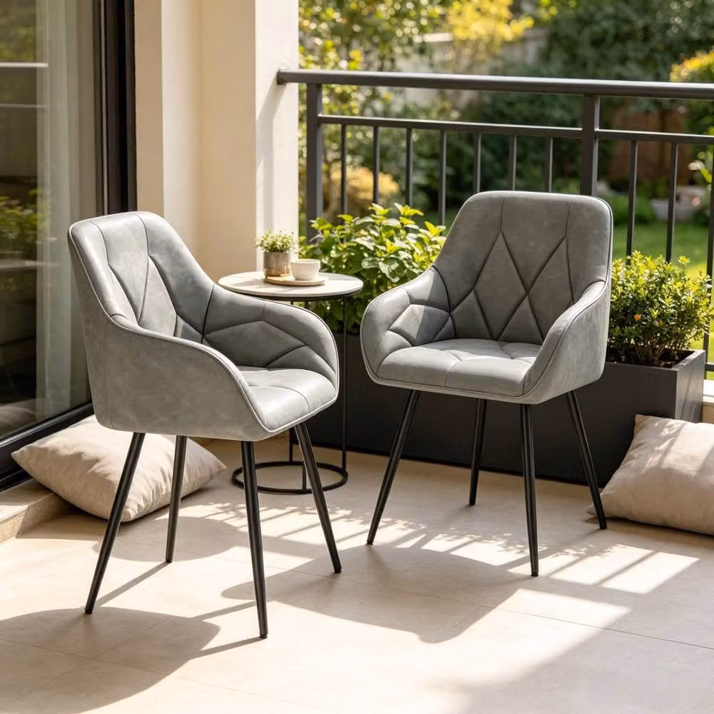 Merax Set of 2 Grey Faux Leather Upholstered Dining Chairs with Armrests – 3