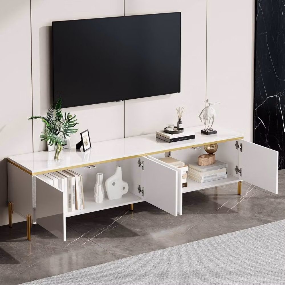 Merax Modern High Gloss TV Unit in White with Gold Metal Legs – 3