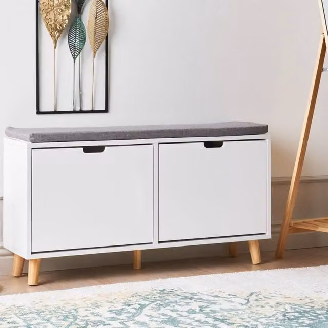 Wyld and Coco White Shoe Storage Bench with Cushioned Seat and 2 Compartments, W: 98 cm, D: 25 cm, H: 52 cm