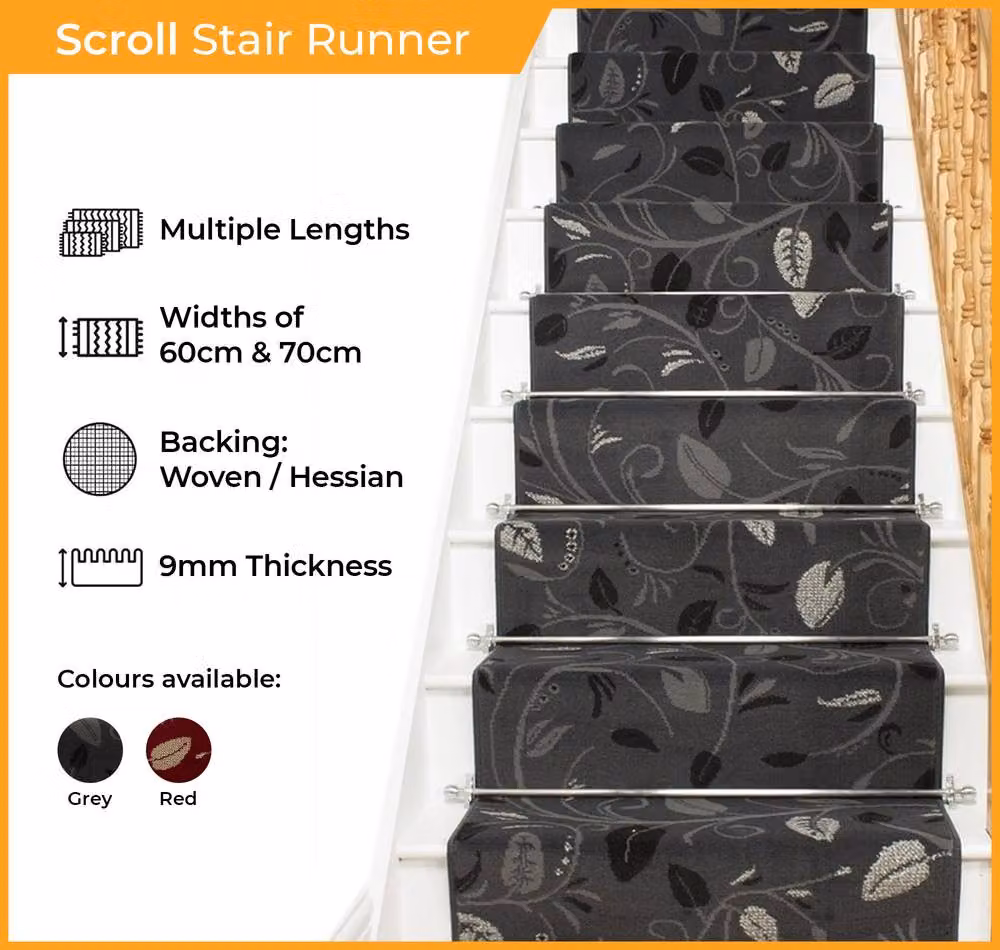 runrug Scroll Stair Runner Carpet in Red, W: 60 cm, L: 600 cm – 2