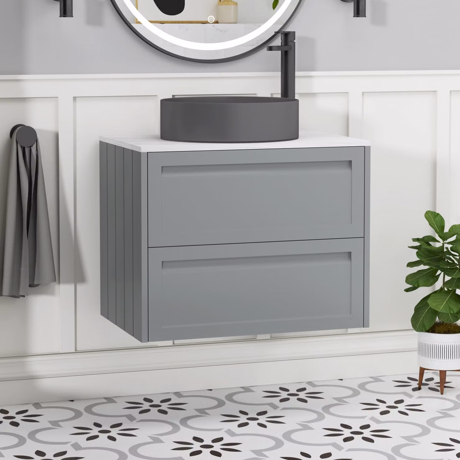 Royal Bathrooms Elmore Wall Hung Countertop Vanity Unit with Art Round Basin, Matt Pebble Grey, 700mm
