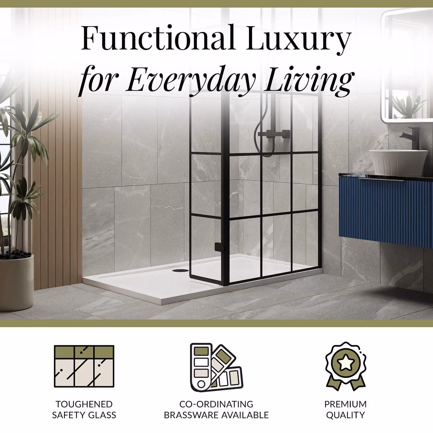 Balterley 8mm Glass Walk-In Wetroom Screen and Return with Tray, Black Framed, W: 140 cm, D: 70 cm – 3