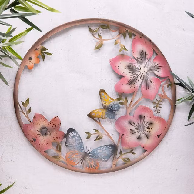 Annibells Round Metal Butterfly and Flower Wall Plaque in Pink and Multicolour