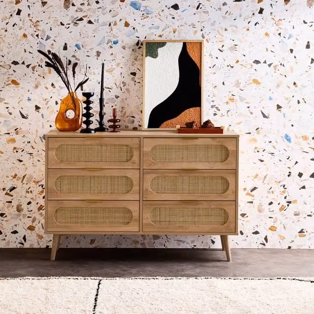 sweeek Wood and Rounded Cane 6 Drawer Chest of Drawers in Light Brown – 1