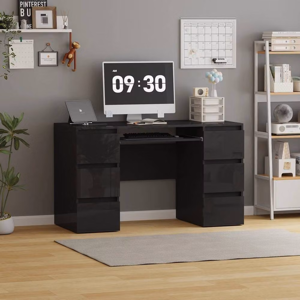 PAWNORA Black Glossy Modern Computer Desk with Dual Pedestals – 5