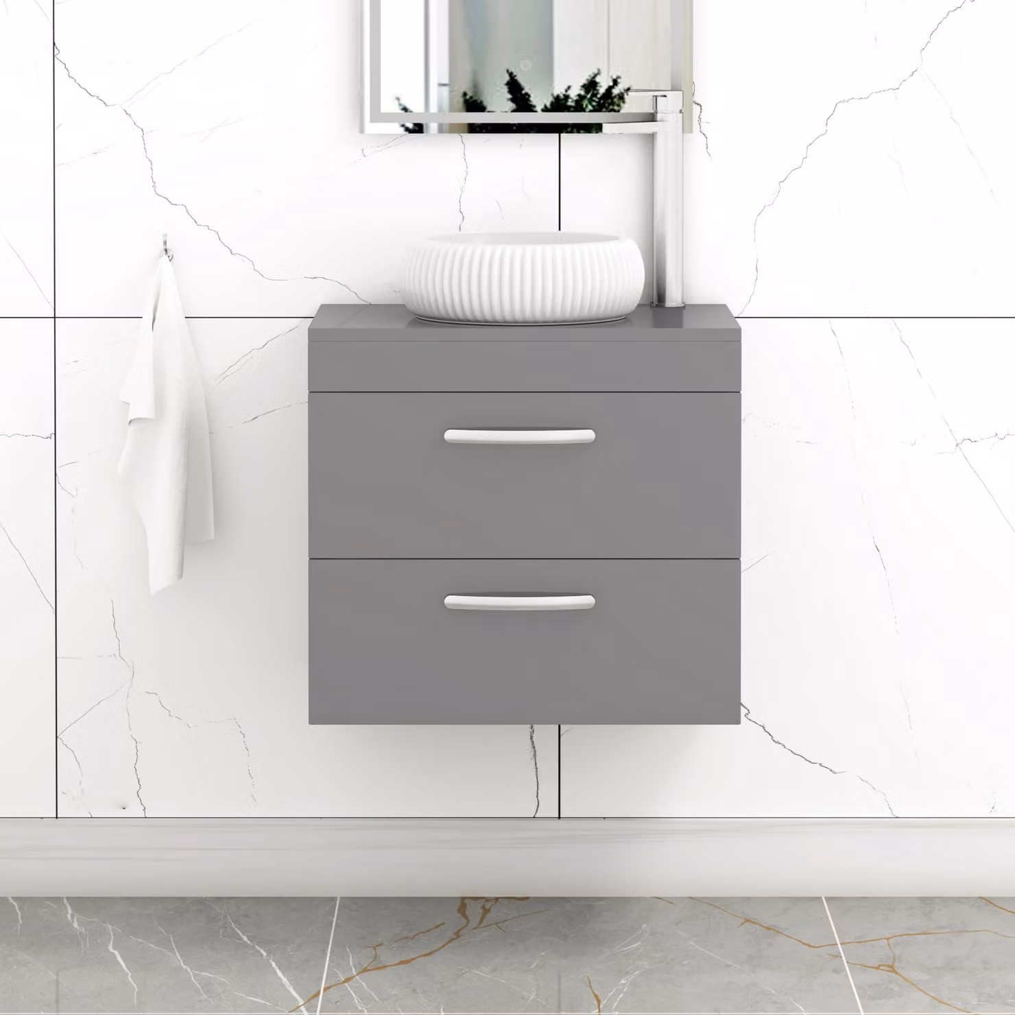 Royal Bathrooms Turin 500mm Wall Hung 2 Drawer Vanity Unit with Countertop Basin in Indigo Grey Gloss